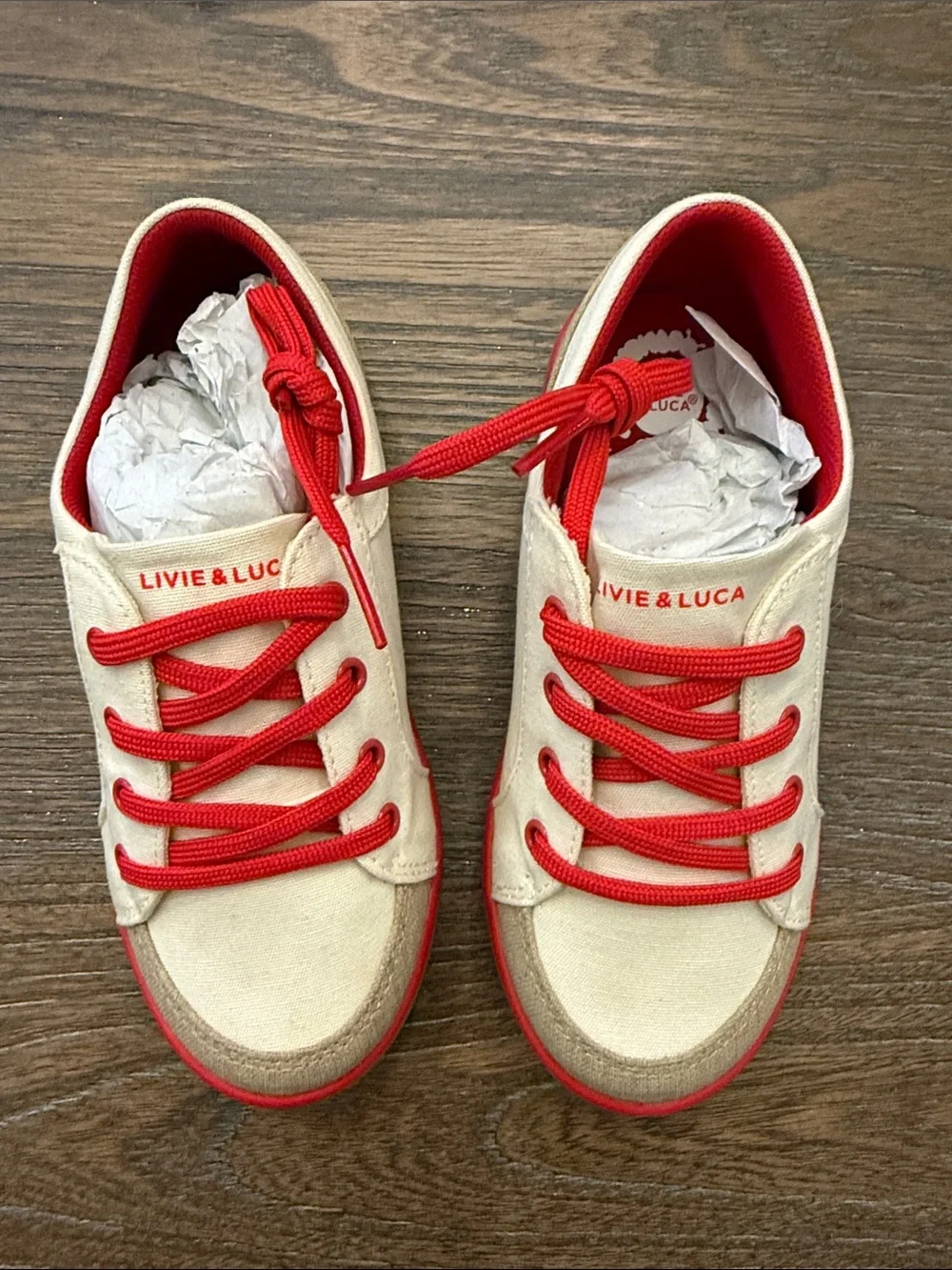 Livie & Luca Cream Canvas Sneakers with Red Trim New 12 Boys